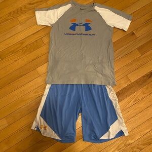 Under Armour Gray, Blue & Orange Logo Athletic Shirt and Blue Shorts